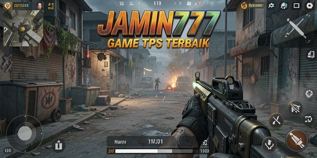 Screenshot utama JAMIN777 menampilkan aksi tembak-menembak yang intens.