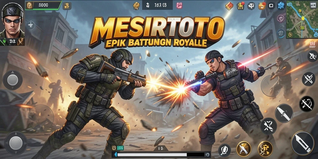 Gameplay mendebarkan dari <strong>MESIRTOTO</strong> menunjukkan pertarungan seru Battle Royale.
